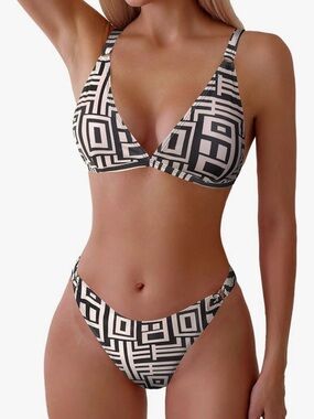 Zaful Black & Cream Geometric Triangle Bikini
